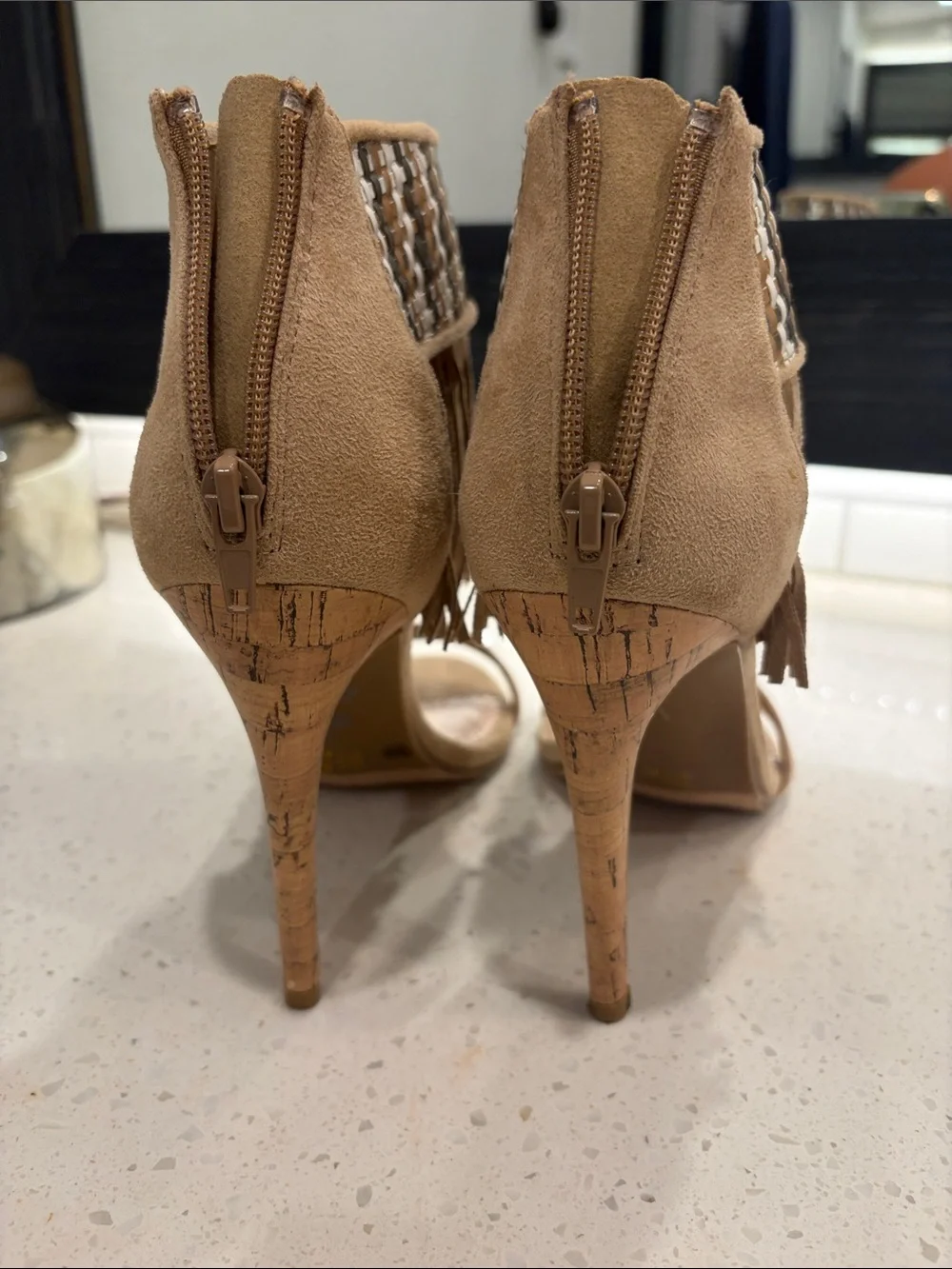 Chinese Laundry Taupe Fringe Ankle-Wrap Heels with Woven Accent